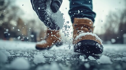 Winter maintenance with gloved hand and salt on icy pavement helping prevent accidents