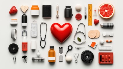 Flat lay of medical and health-related objects on a white background, featuring a large red heart in the center, stethoscopes, pills, syringes, measuring tape, and grapefruit.