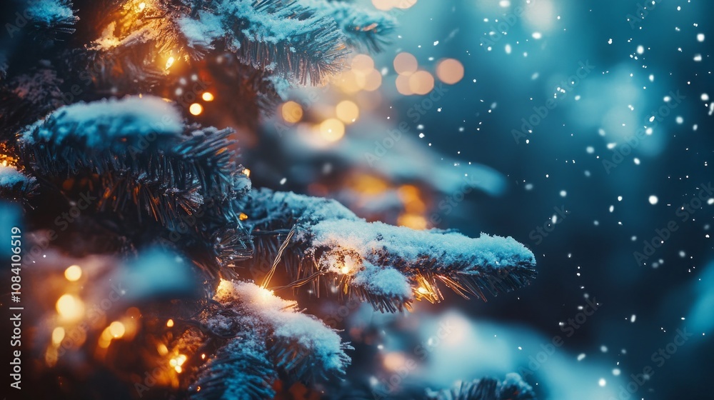 Poster a christmas tree with lights on it and snow on it