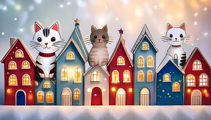 Obraz premium Cute cats and festive houses adorn colorful greeting card backgrounds in a minimalist style_1(411)