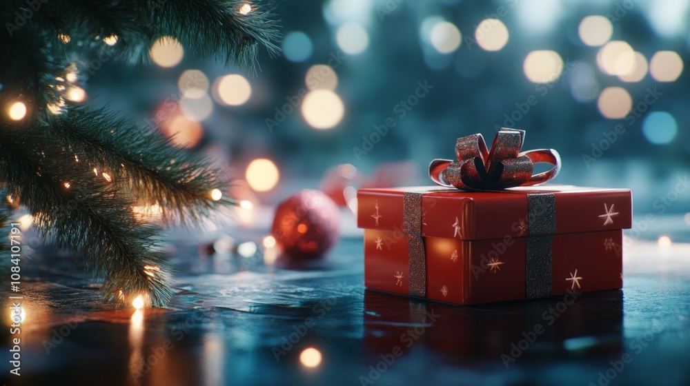 Aufkleber A red box with a bow on top sits on a table next to a Christmas tree