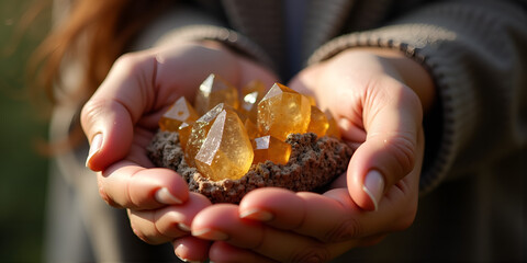 A man holding a bunch of crystals in the rays of warm sunlight in a natural setting