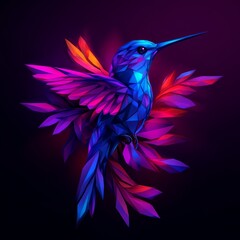Obraz premium A vibrant, low-poly hummingbird in flight with glowing leaves against a dark purple background.