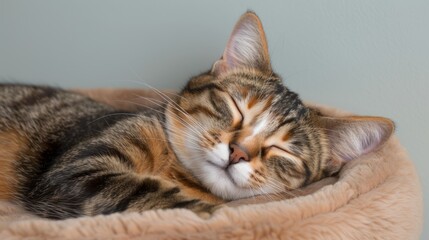  Peaceful tabby cat napping in cozy bed.