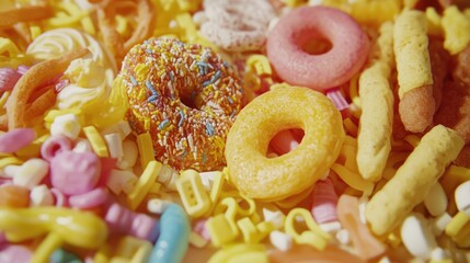 A close-up shot of a variety of colorful candies, including donuts, sprinkles, and other sweet treats.