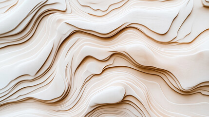Fototapeta premium Abstract layered texture with smooth and wavy forms in beige and cream colors, resembling topographic lines or flowing sand dunes.