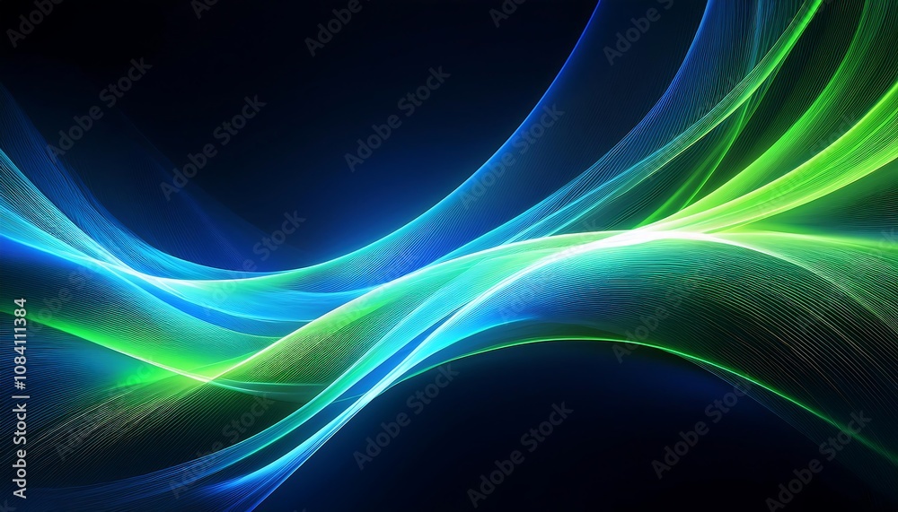 Poster electric blue and bright green neon waves create a dynamic motion effect on a dark back_1(451)