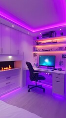 Naklejka premium Modern purple-lit home office with LED strip lighting, computer, desk, chair, and electric fireplace.