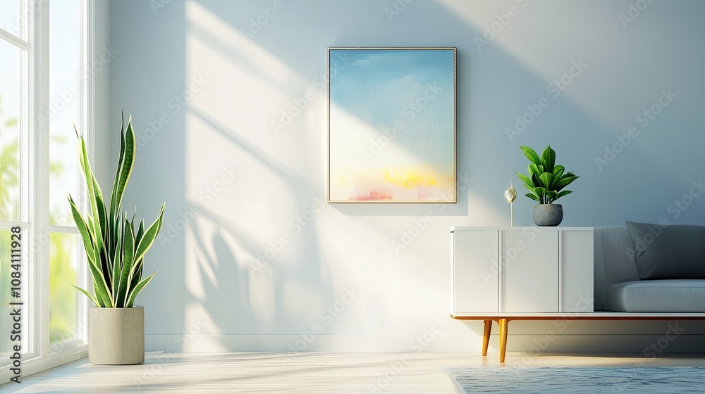 Wall mural Minimalist living room with a large window, a white sofa, a plant, and a framed painting on the wall.