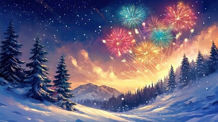 A beautiful winter night with colorful fireworks in the sky, surrounded by snow-covered pine trees