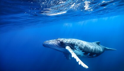 Naklejka premium A Baby Humpback Whale Plays Near the Surface in Blue Water