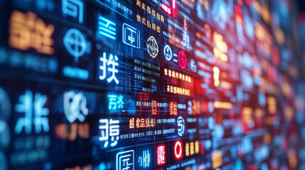 Obraz premium Digital signage displays vibrant symbols and text in various languages, creating dynamic urban atmosphere. colorful lights and intricate designs evoke sense of modernity and technology