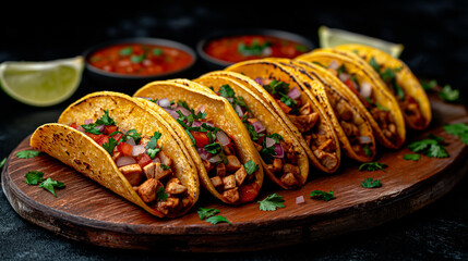 Enjoying delicious tacos on a wooden platter with vibrant salsa and lime wedges at a festive gathering