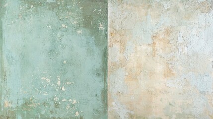 Green and beige concrete wall surface with cracks, peeling paint, and textured details provides a visually interesting backdrop