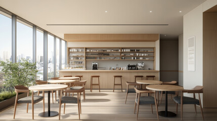 A modern cafe interior featuring wooden tables and chairs, large windows with city views, and minimalist design. warm atmosphere invites relaxation and socializing