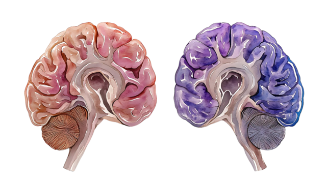 Biological brain image. The image depicts a detailed anatomical representation of a brain, showcasing distinct hemispheres in varied colors, emphasizing its structure and complexity.