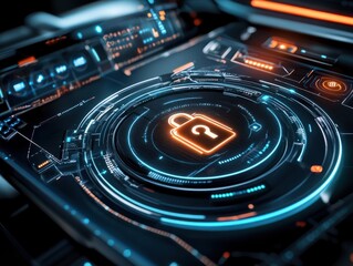 Obraz premium dashboard, security, technology, network, futuristic, interface, innovation, future, control, smart. digital padlock icon, cyber security network and data protection technology on dashboard HUD.