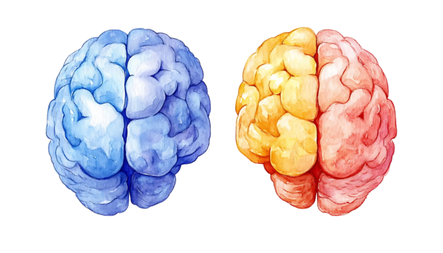 Biological brain image. A colorful representation of a brain, showcasing distinct hemispheres in blue, orange, and red shades.