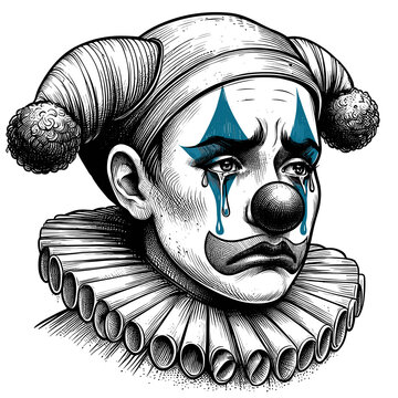 recommend clip art: Hand drawn sketch of the face of a sad crying circus clown in makeup is represented as a vector illustration