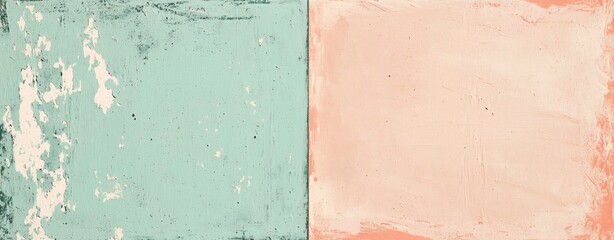 Fototapeta premium Weathered textures of peeling paint and plaster create a contrasting two-tone background, blending shades of green and peach for a vintage or distressed design element