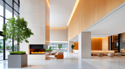 Modern lobby design features spacious layout with natural light, elegant furnishings, and cozy fireplace, creating welcoming atmosphere for guests