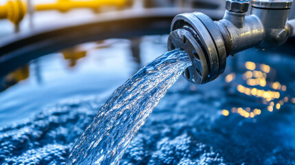 Obraz premium Water flows from metallic faucet into blue tank, creating ripples and reflections. scene captures beauty of natures resource, evoking sense of tranquility and freshness