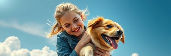 A young woman with blonde hair smiles broadly as she holds her light brown dog close