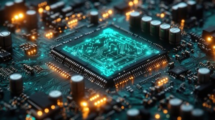 Obraz premium Close-up of illuminated central processing unit on circuit board.