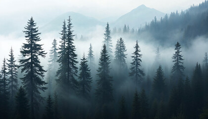 Fototapeta premium Misty pine forest on a mountain hilltop, blending serenity with a mystical atmosphere.