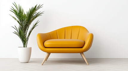 Fototapeta premium A modern yellow armchair with sleek design sits beside potted plant against minimalist white wall, creating vibrant and inviting atmosphere
