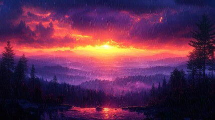 Fototapeta premium Dramatic sunset rain over misty mountains.
