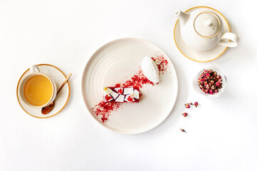 Sakura dessert with cherry marshmallow, white chocolate and ice cream