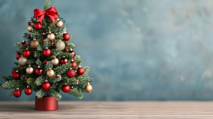 Festive miniature Christmas tree with red and gold ornaments.