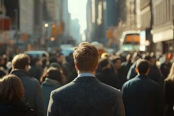 Fototapeta premium Back View of Man Walking in a Busy City Crowd with Sunlight