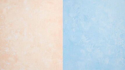 Fototapeta premium Decorative stucco surface in two pastel colors, light orange and light blue, divided vertically, creating a textured and colorful background, ideal for design projects