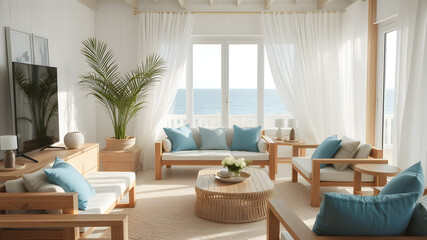 Fototapeta premium A beach home style living room decorated with floating wood furniture and blue pillows.