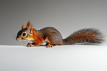 Obraz premium Close-Up Portrait of a Curious Squirrel with Fluffy Tail Against a Neutral Background in Studio Lighting