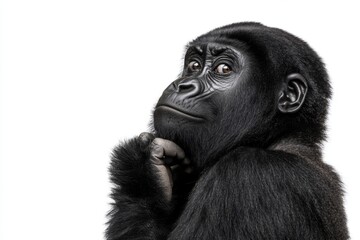 Fototapeta premium Thoughtful Gorilla Portrait on White Background: Highlighting Primate Intelligence and Expressive Animal Behavior in Captivating Stock Photography