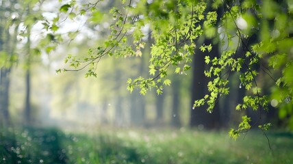 Fototapeta premium Serene Forest Scene with Sunlight Filtering Through Fresh Green Leaves