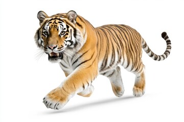Obraz premium Majestic Bengal Tiger in Dynamic Motion Against White Background