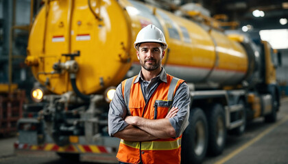 Worker in protective gear near an industrial tanker truck, emphasizing safety and readiness.