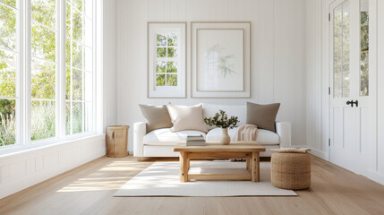 Fototapeta premium A bright and airy living room featuring white sofa adorned with neutral cushions, wooden coffee table, and large windows that invite natural light. serene atmosphere is enhanced by minimalist decor