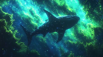 Obraz premium Majestic Whale Shark Swimming Through a Luminous Underwater Galaxy of Green and Blue Light