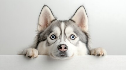 A Curious Siberian Husky with Striking Blue Eyes Peering Over a White Surface in a Bright and Minimalistic Setting