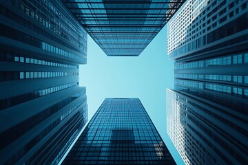 Blue Glass Skyscrapers Frame a Clear Sky