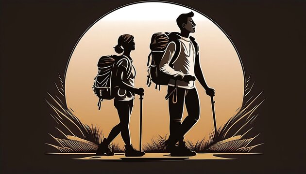  Male and female hikers with backpacks set against a black background in a simple vector sil_1(568)