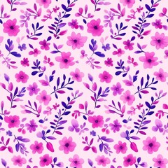 Obraz premium Seamless pattern with purple flowers and leaves on pink background.