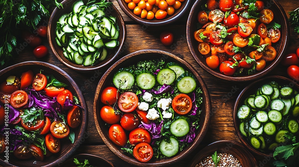 Poster vibrant bowl of fresh vegetables with cucumbers and tomatoes topping a wooden table display : genera