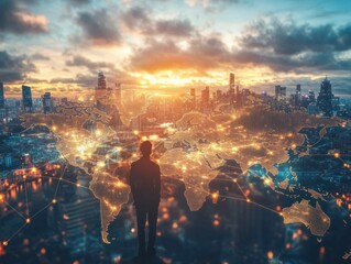 Global network connecting people using technology over world map