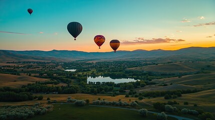 Fototapeta premium Colorful hot air balloons flying in the blue sky over a green valley 